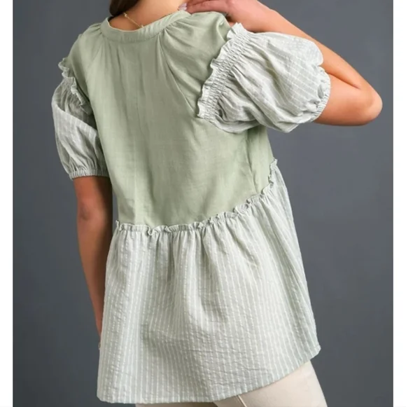 UMGEE NWT SAGE LINEN BLEND V-NECK SHORT SLEEVE TOP - Picture 5 of 6
